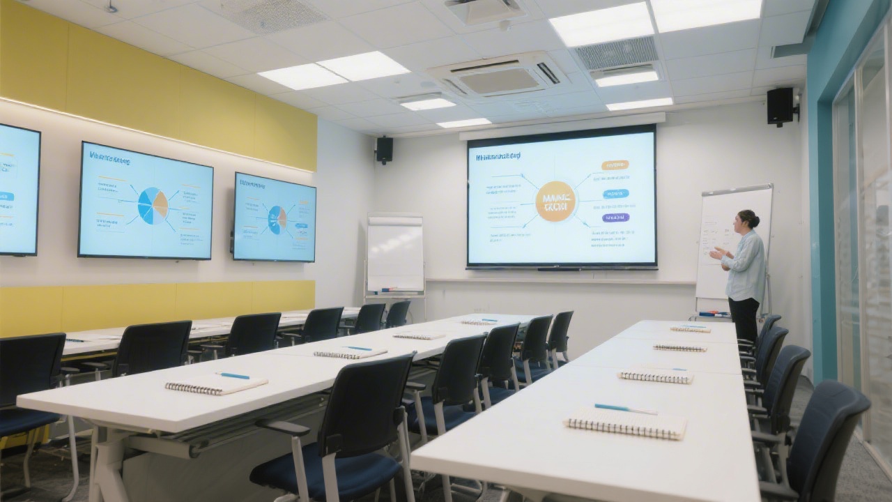 Bright learning studio with long desks, notebooks, and digital screens showing marketing frameworks, designed for collaborative training in a modern Kowloon workspace.