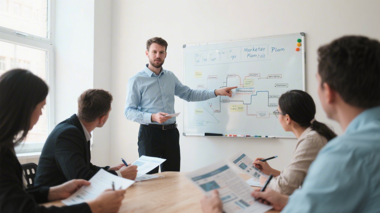 Instructor guiding a small group through a marketing plan on a whiteboard, with participants taking notes and referencing printed channel maps.