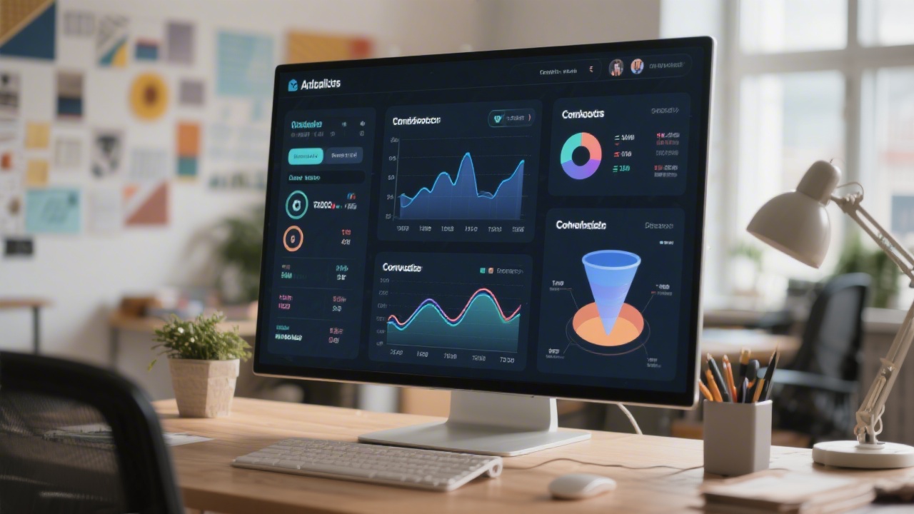 Analytics dashboard view with traffic sources, conversion funnel, and ad performance metrics displayed on a high-resolution screen in a creative office.
