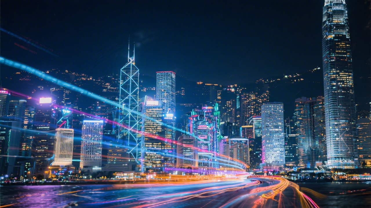 Dynamic night skyline of Kowloon with neon lights, modern office buildings, and energetic light trails that suggest fast-paced digital growth and technology-driven branding.