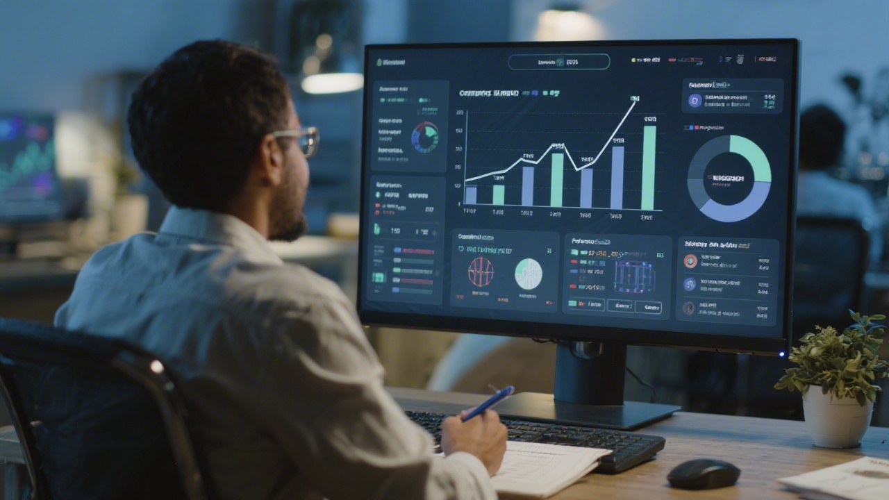Marketing professional analyzing campaign growth charts and creative variations on a large monitor while taking notes about performance and optimization priorities.