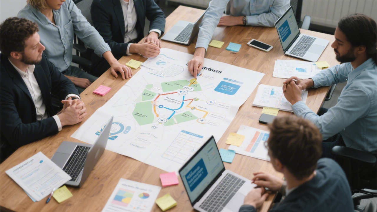 Team reviewing strategy maps and channel diagrams on a large table, with laptops open showing campaign planning sheets and customer journey notes.